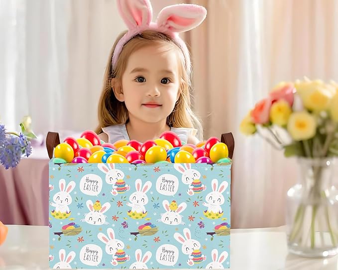 Large Rectangular Easter Baskets Empty Waterproof Boy Toy Box Foldable Kid's Gifts Storage Bin Spring Room Decor(Flower Rabbit Holding Egg)