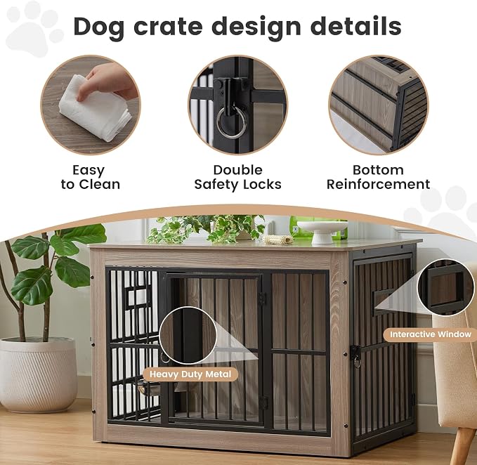 32 Inch Heavy Duty Dog Crate Furniture for Medium/Small Dogs, Decorative Pet House End Table with 3 Doors & Adjustable Bowls, Wooden Cage Kennel Furniture Indoor, Rustic Grey