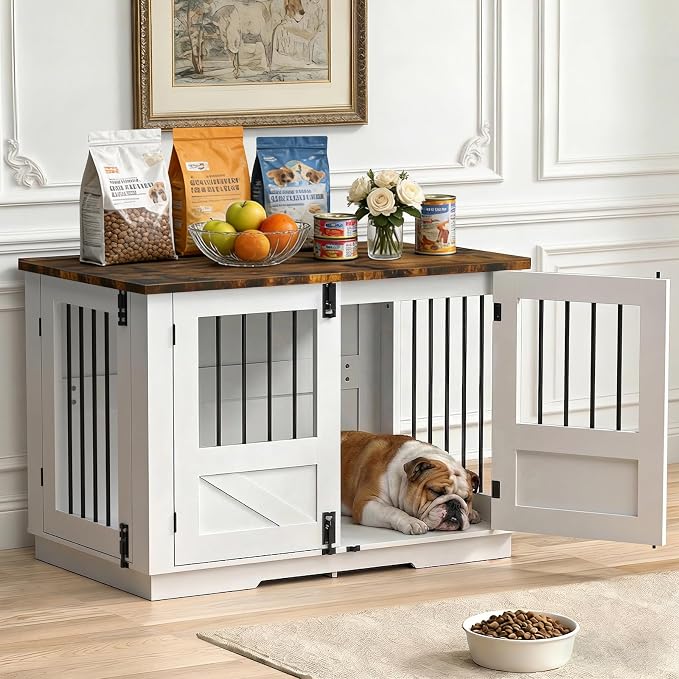 39.4" Dog Crate for Small/Medium Dogs, 3-in-1 Furniture Style Wood Dog Crate End Table TV Stand with 3 Doors, Decorative Pet House Dogs Cage Furniture for Living Room, Bedroom, Entryway, White