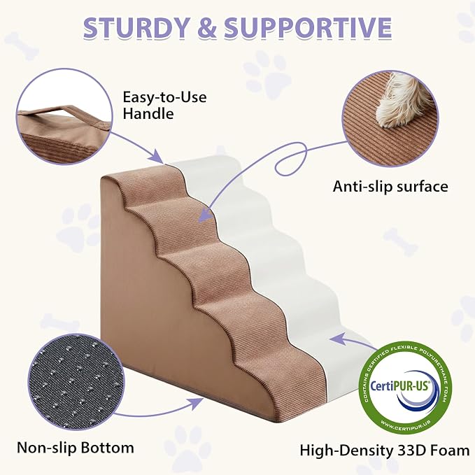 LEXTRO Dog Stairs for High Beds, 5-Steps Pet Steps for Bed, Pet Stairs with Highly Supportive Foam and Non-Slip Bottom, Dog Stairs for Large Dogs and Medium Dogs (High 22.6 Inch)