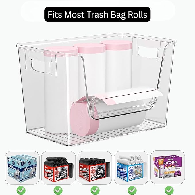2 Set Pantry organizers and Storage,Trash Bag Holder Under sink Organizer for 4-13 Gal Bags,Trash Bag Dispenser with Bamboo Lids and Stackable Clear Bins for Potato, Onion, Garlic, Fruit, Vegetables