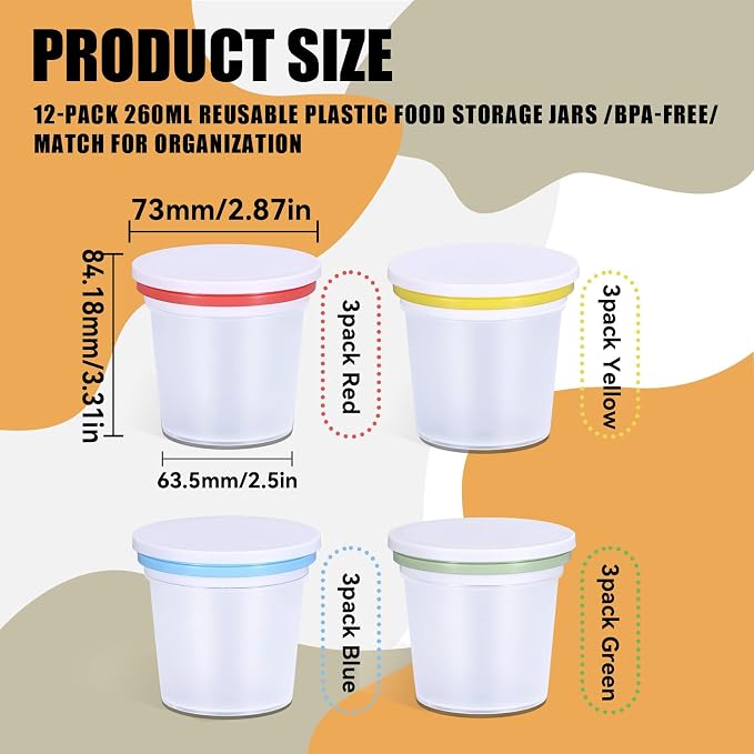 12 Pack 8.8oz Plastic Food Storage Containers with Lids, Small Meal Prep Container Jars for Food, Salad, Soup, Snack, Freezer & Lunch