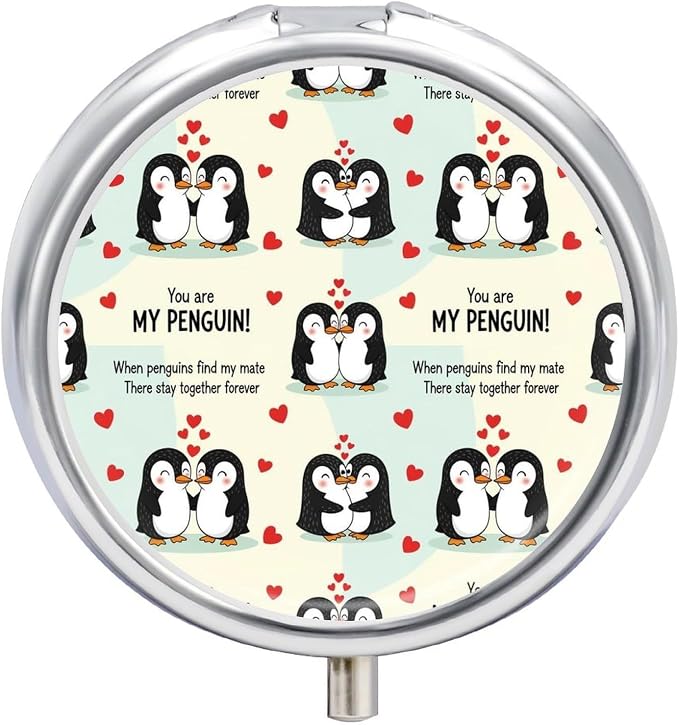 Round Pill Box, You are My Penguin Portable Travel Organizer, Metal Case with Mirror, Pocket Purse Container for Supplements