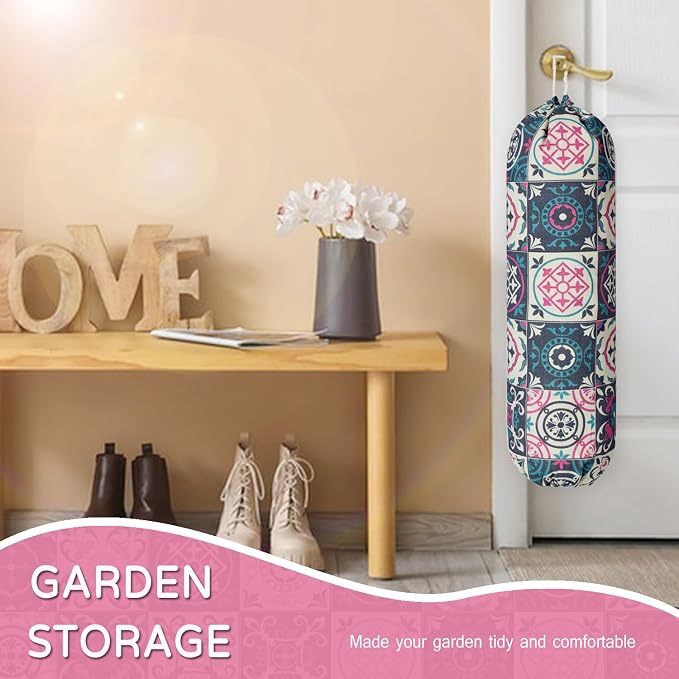 Plastic Bag Holder, Reusable Grocery Bag Holder for Plastic Bags Groceries Store, Flower Canvas Trash Plastic Bag Organizer Storage Holders for Home Kitchen Pantry Decor (Colorful Boho Style)