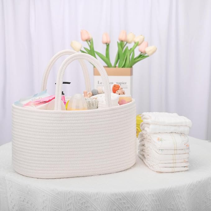 COMSE Large Cotton Rope Baby Diaper Caddy Organizer with Handles, White