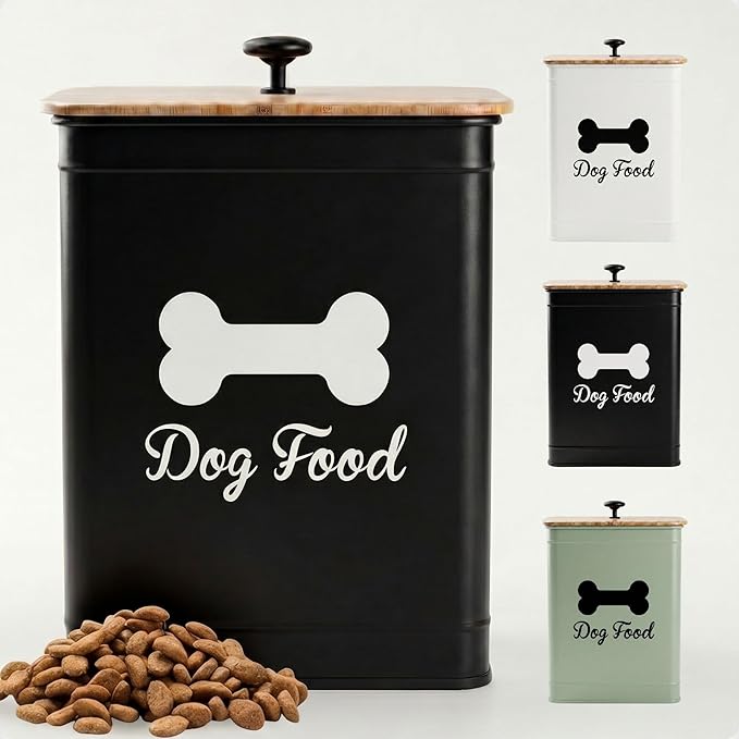 Metal Dog Food Container 5-7lb, 25 Cup w/ Airtight Bamboo Lid, Metal Handle | Pet Jar For Dogs up to 50lbs, Airtight Bamboo Lid, Sturdy Comfortable Metal Handle, Powder Coated Iron, Kibble Storage Bin