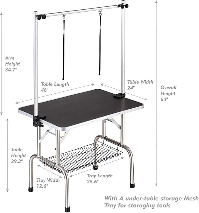 46" Pet Dog Grooming Table, Foldable Stainless Steel Frame Pet Drying Grooming Table Up to 330lbs, Professional Bathing Desk for Dogs at Home with Adjustable Overhead Arms, Noose, Mesh Tray, Black
