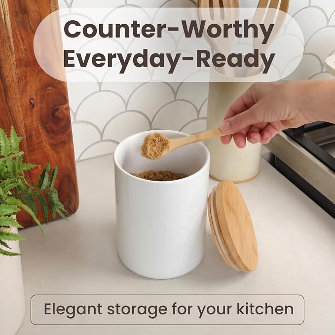 ARTHAUSEN Ceramic Storage Jar Canister - Airtight Bamboo Lid w/Silicone Seal - Modern Design for Kitchen Counter or Bathroom (White 1080mL)