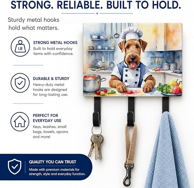 Caroline's Treasures Airedale Terrier The Chef Leash or Key Holder Wall Hooks, Key Hooks Holder, Coat Rack Wall Mount, Coat Hooks, Hooks for Hanging Keys, Towels, Aprons, Leashes | Airedale Terrier The Chef artwork on ceramic tile with three steel hook...