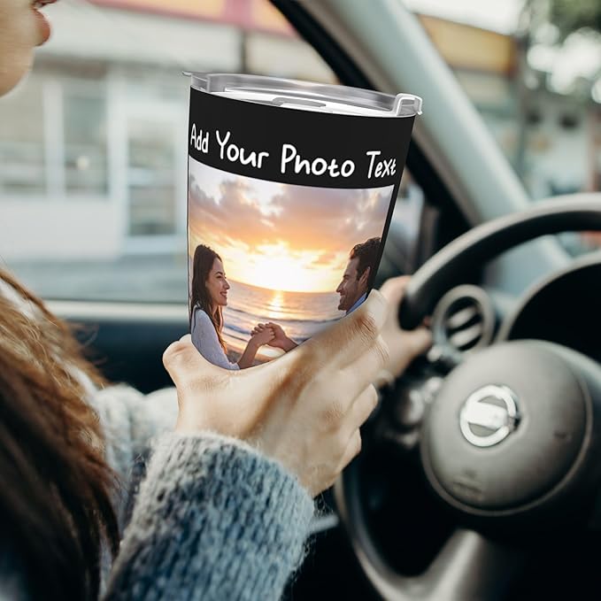 Personalized Stainless Steel Tumbler with Photo Logo Text Name, Custom 20 Oz Coffee Mug for Christmas Anniversary Birthday, Customize Travel Car Thermos Cup for Family Friends