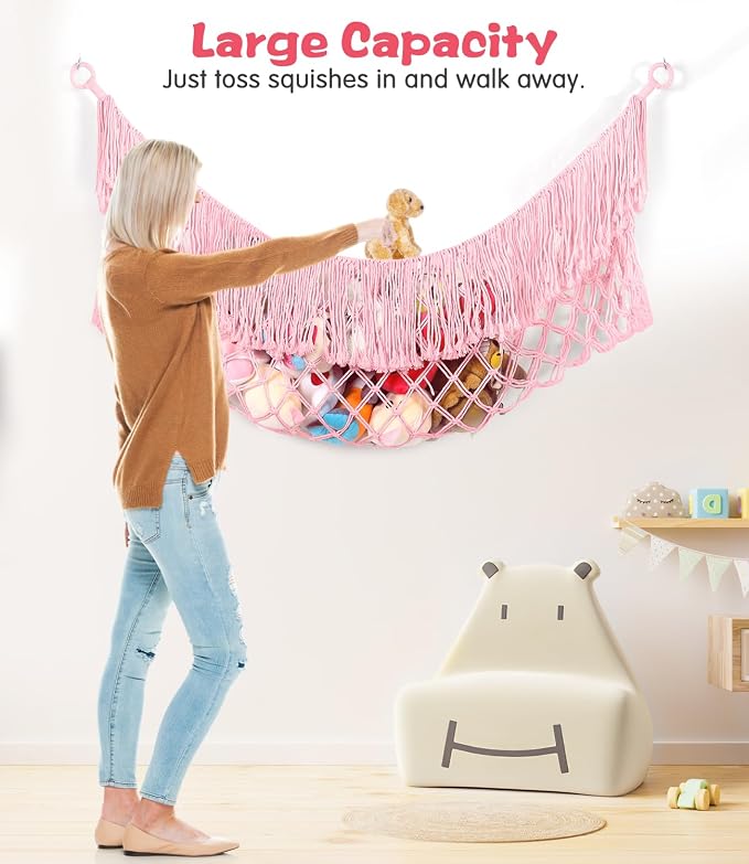 Stuffed Animal Hammock - Extra Large 56'' Long (Light Pink) | Premium Cotton Hand-knitted, Beautiful Long Tassel, Storage Hanging Organizer, Can Fit Stuffed Animals 30 Piece or More