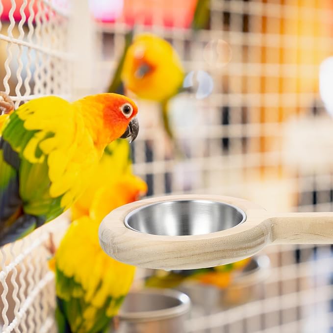 INOOMP Stainless Steel Bird Bowl with Feeding Cup and Perch Stand, Parrot Food Organizer and Bird Feeding Container for Cage Use