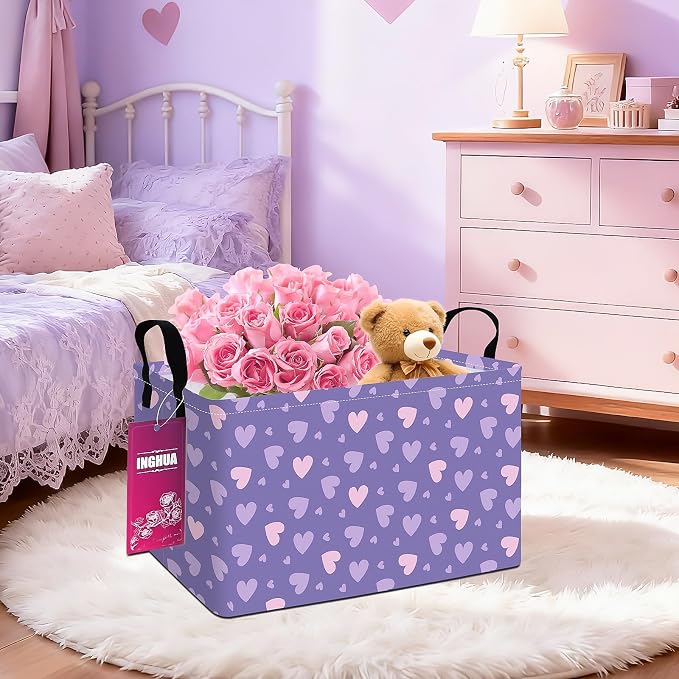Rectangular Purple hearts Storage Basket | Gifts Bag for Toys,Books,Clothes,Gifts,Pets-Perfect for Home,Office,Nursery,Dorm,Shelf