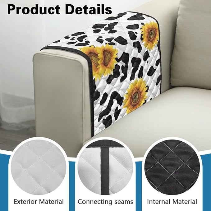 Cow Sunflower Stretch Armrest Covers Couch Arm Cover Non-Slip Arm Rest Covers with Two Pockets Armchair Slipcovers for Recliner Furniture Protector Home Decor