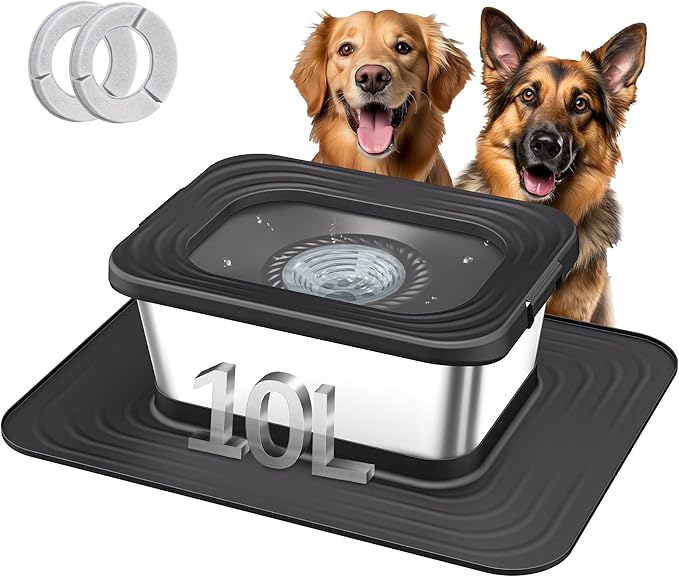 Decflow 10L Stainless Steel Dog Water Bowl, No Spill Anti-Splash Dog Bowls with XXL Silicone Mat, Spill-Proof Slow Feeder for Messy Drinkers, Heavy Duty Pet Bowls for Indoor/Outdoor Use Black