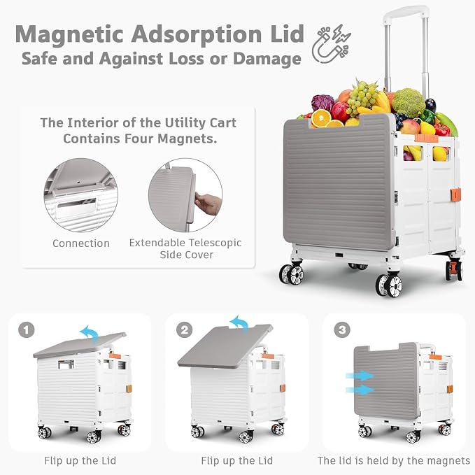 Foldable Utility Cart Collapsible Portable Crate Rolling Carts with Wheels Tote Basket with Magnetic Lid Telescopic Cover Wear-Resistant 360°Rotate Wheel Noiseless for Shopping Storage Office Use