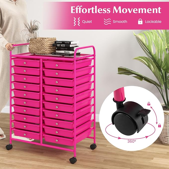 20 Drawer Rolling Storage Cart, Art Cart Organizer with Wheels for Makeup, Tool, Paper, Multipurpose Craft Storage Cart with Drawers for Office, Home, Classroom, School (Hot Pink)