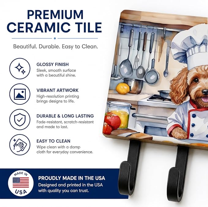 Caroline's Treasures Cockapoo The Chef Leash or Key Holder Wall Hooks, Key Hooks Holder, Coat Rack Wall Mount, Coat Hooks, Hooks for Hanging Keys, Towels, Aprons, Leashes | Cockapoo The Chef artwork on ceramic tile with three steel hooks for keys, leas...