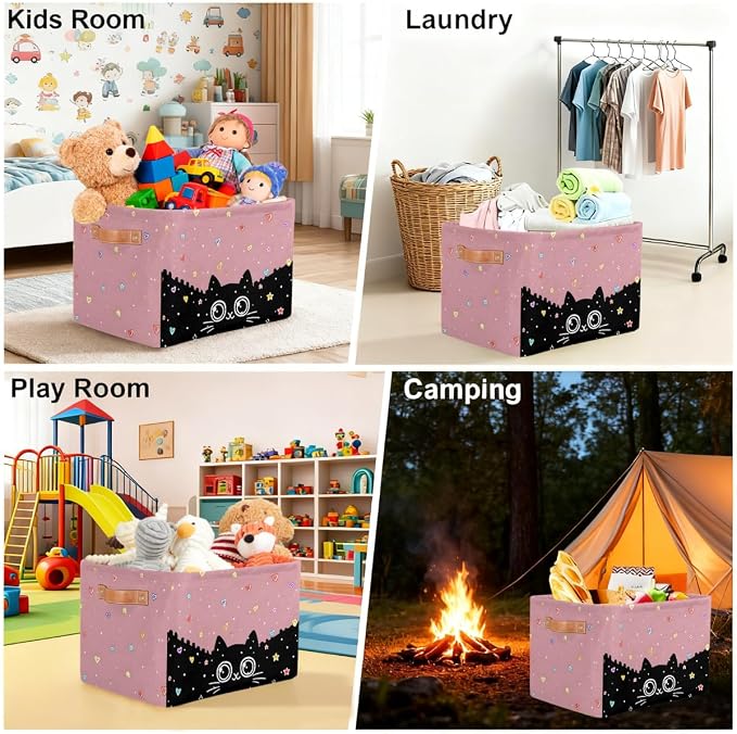 Pardick Storage Baskets Bin, Cute Cat Black Collapsible Canvas Fabric Storage Bin Decorative Baskets Toy Organizer Rectangle Storage Boxes with handles for Home Shelves Nursery,Q-10
