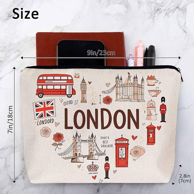 Women Makeup Organizer Bag London, Heart Shape I Love London Quote Flax Cosmetic Bag Makeup Bags Toiletry Bag Accessories Organizer Travel Bags For Home Bathroom Office Hotel Gym