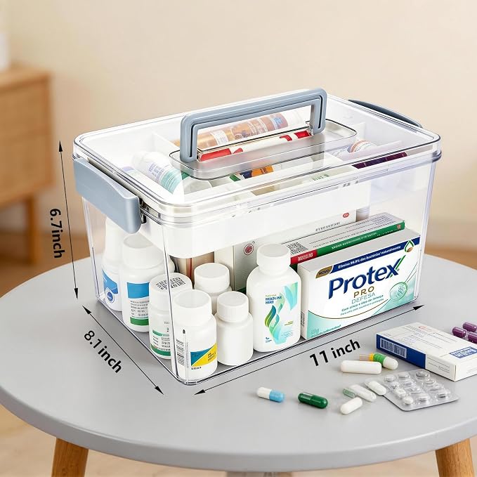 Plastic Medicine Storage Organizer & First Aid Box, Medicine Box with Handles, Multipurpose Medical Supply Organizer with Removable Tray for Home, Office & Travel (X)
