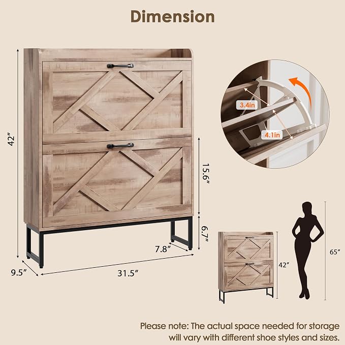 Shoe Cabinet with 2 Flip Drawers，Freestanding Shoe Storage Cabinet, Narrow Shoe Organizer Cabinet, Farmhouse Slim Shoe Rack Cabinet for Entryway,Toasted Oak