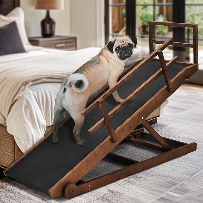 Dog Ramp for Bed & Couch, Foldable Wooden Pet Ramp, 5 Adjustable Heights | Height up to 31", Portable Dog Ramp with Non-Slip Rubber Surface & Safety Railings, Pet Ramp for Small, Large, Senior Dogs