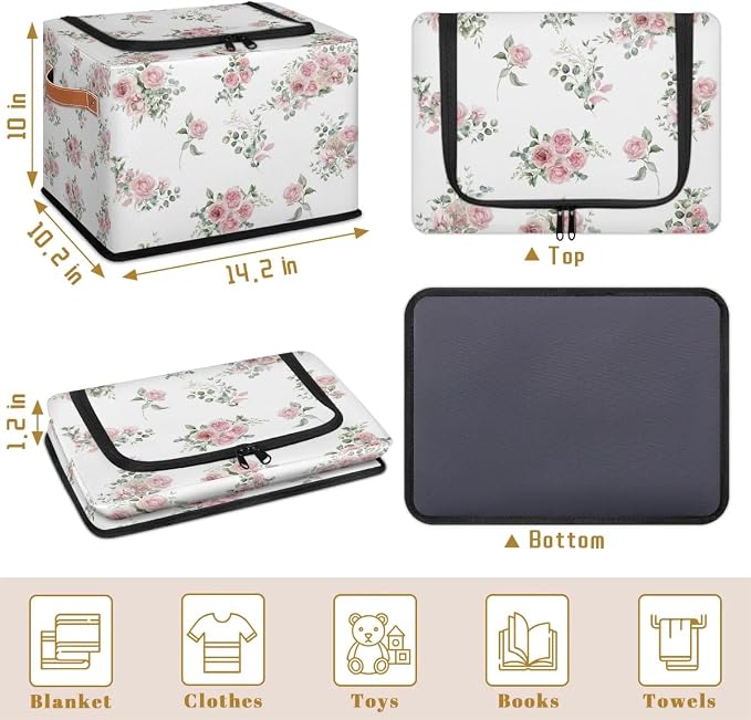 Pink Floral Flower Storage Baskets - Home Decorative Bins Collapsible Cubes with Zipper Lid, Rose Box with Handles for Living Room Bedroom Nursery Shelf Closet Office Kitchen, 24L