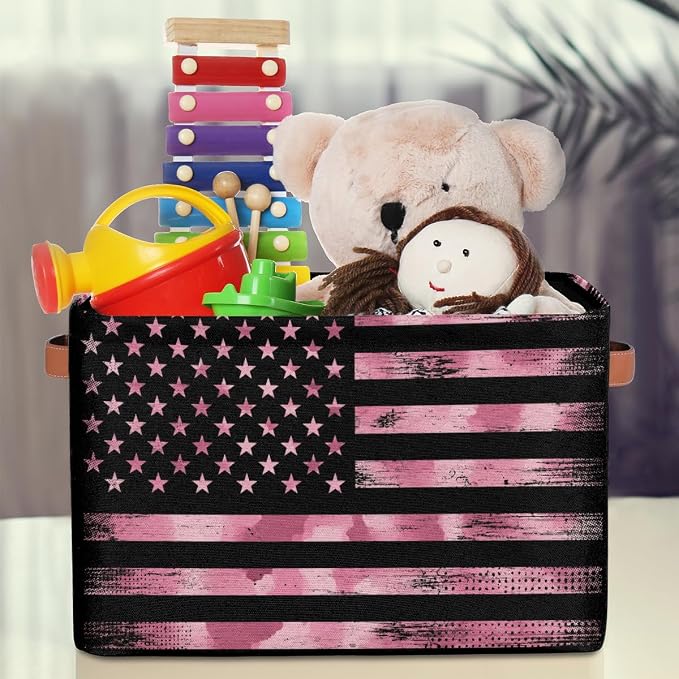 Pardick Flag Basket Storage Bins Rectangle Canvas Basket Cube Storage Box | Nursery Foldable Basket with Handle for Kids Girls Boys Toys Living Room Closet Organizer Shelf Gifts Camo Pink