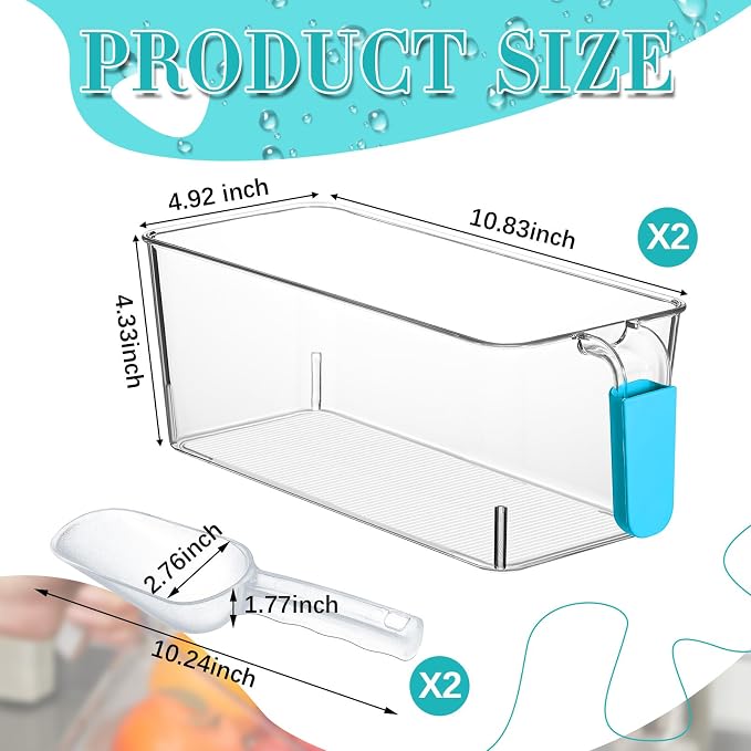 Havawish Ice Storage Bin and Flexible Scoop Set Plastic Freezer Bin | Freezer Ice Bin Scoop, Clear Bucket Container, Pull Handle, Flexible Storage, 10.83 X 4.92 X 4.33 in