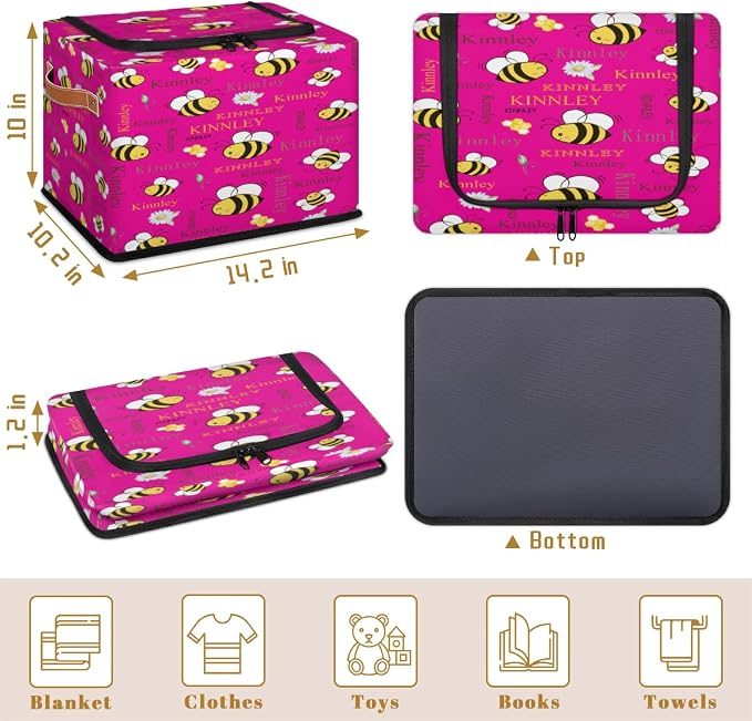 Custom Black Storage Baskets Named with Zipper Lid, Personalized Deep Pink Storage Bins Basket Boxes for Clothes Bedroom Closet Organizing Toys Books Shelves, Bee with Daisy Floral