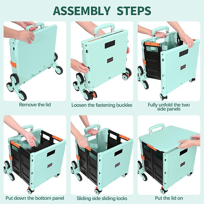 Foldable Utility Cart Collapsible Crate Rolling Carts with Stair Climbing Wheels Rolling Tote Basket Teacher Cart with Lid Wear-Resistant 360°Rotate Wheel Noiseless for Shopping Grocery Office