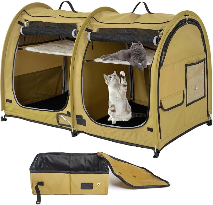 porayhut Mispace Portable Twin Compartment Show House Cat Cage/Condo - Easy to Fold & Carry Kennel - Comfy Puppy Home & Dog Travel Crate with Portable Carry Bag/Hammocks/Mats and Litter Box