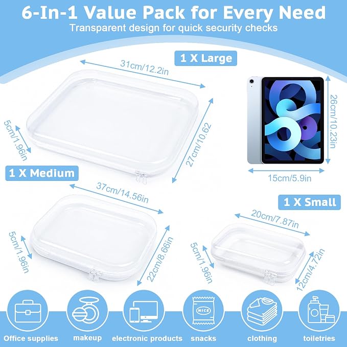SAYEEC 3 Pack Clear Hard Shell Zipper Case Clear Pencil Case Travel Makeup Bag Rigid Toiletry Bag Organizer Portable Cosmetic Bags Plastic Zipper Pouches for Office Tech Art Supplies Storage (L, M, S)