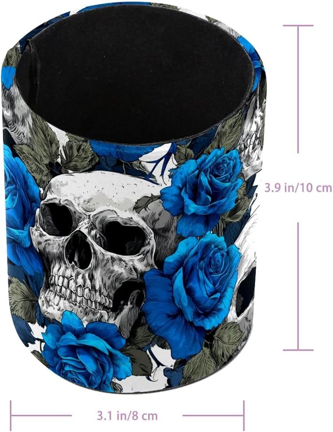 Faux Leather Pen Holder for Desk, Pencil Organizer Skull Pen Cup Desk Decor Makeup Brush Holder Storage for Office Home