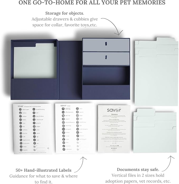 Savor | Pet Memorial Box for Dog, Cat, and Other Pets | Personalizable Pet Loss Sympathy Gift and Keepsake Box for Vet Records, Tags, Collars, Toys | Mother’s Day Gift for Moms (Blue, Harper Style)