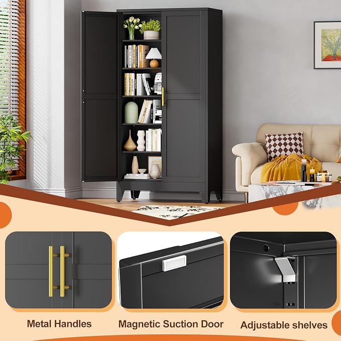 RISRERN Black Metal Storage Cabinet, 79" Kitchen Pantry Cabinets for Office | Steel Kitchen Pantry Storage with Doors, 5 Adjustable Shelves, Metal Pantry Cabinet, for Office, Home, School 40" W