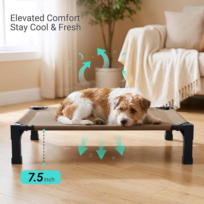 Elevated Outdoor Dog Bed, Raised Dog Bed with Steel Framed 35in | Cooling Elevated Pet Cot with Non-Slip Feet, and Waterproof, Washable, Breathable Teslin Mesh