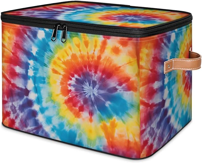 Pardick Storage Bin Rainbow Tie Dye Storage Baskets with Zipper Lid & Handle Foldable Closet Shelf Cloth Organizer Basket Cube Bins Clothes Organizer for Nursery, Bedroom