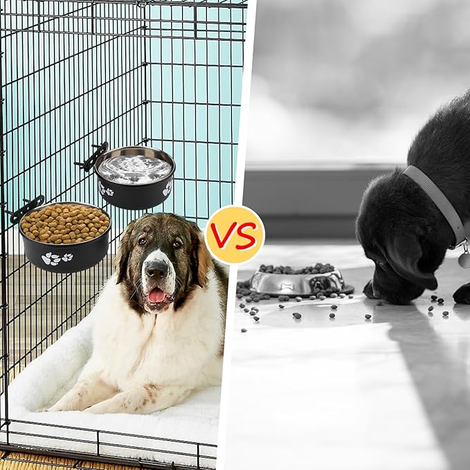 Stainless Steel Dog Crate Bowls Hanging No Spill 2 PCS - Adjustable Mountable Kennel Bowls for Medium/Large Dogs, Anti Spill Water & Food Bowl Set (Black, M(5.5"+6.3"))