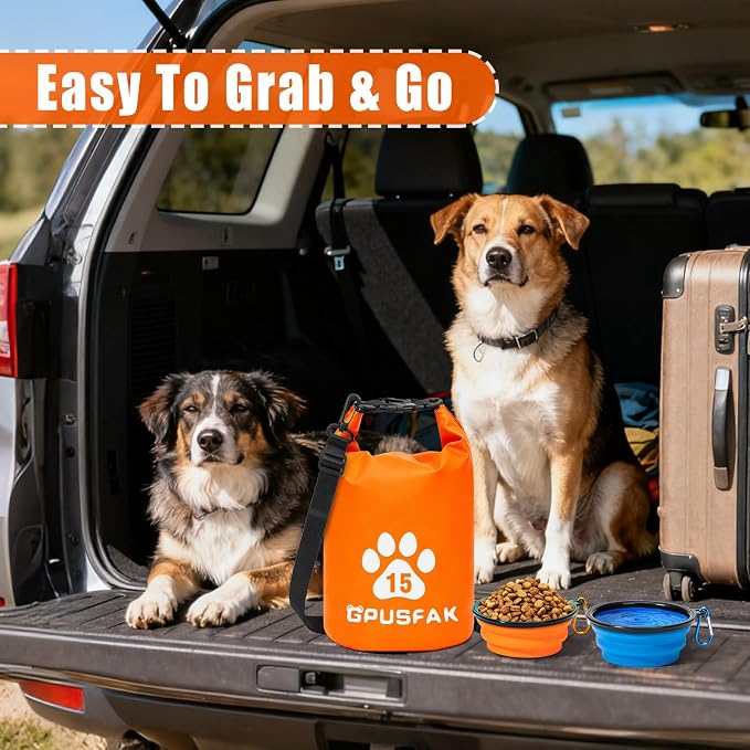Pet Food Storage Bag with Bowl (96 Cup) - Zip Roll Top Dog Food Travel Bag Waterproof Kibble Container for Camping Road Trips Travel Dog Boarding Weekend Getaways Machine Washable 15L Orange