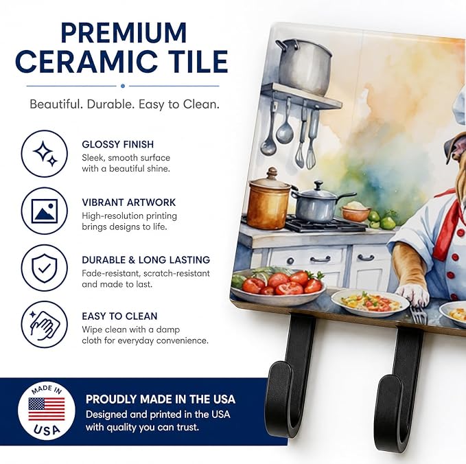 Caroline's Treasures English Bulldog The Chef Leash or Key Holder Wall Hooks, Key Hooks Holder, Coat Rack Wall Mount, Coat Hooks, Hooks for Hanging Keys, Towels, Aprons, Leashes | English Bulldog The Chef artwork on ceramic tile with three steel hooks ...