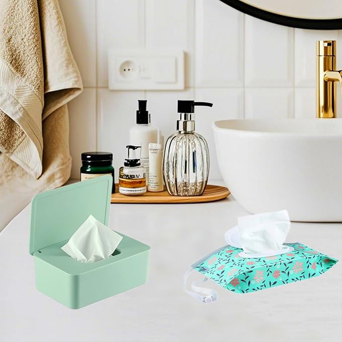 Wipes Dispenser Set,1 Wipe Box & 2 Portable Pouches,Green | Refillable Reusable Large Wet Wipe Holder, Flushable Wipes Case Bathroom Wipes Container for Pet Nursery Kitchen Office