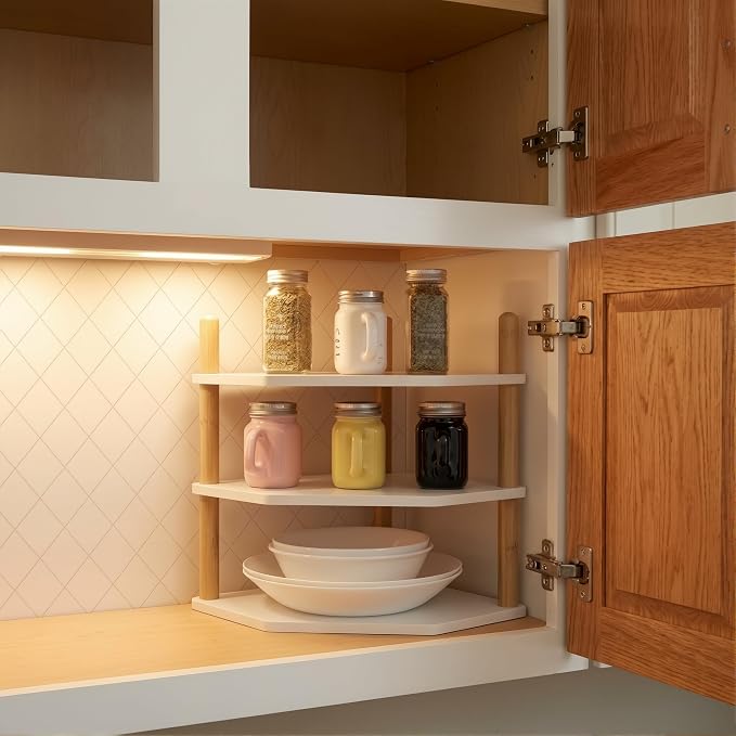 3-Tier Bamboo Corner Shelf, Kitchen Countertop Storage Organizer, Cabinet Plate Rack for Pantry Organization, Bathroom, Desktop, 9.4 x 9.4 x 11.4 Inch