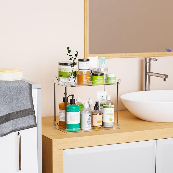 Clear Acrylic Bathroom Counter Organizers and Storage Tray, 2 Tier Makeup,Perfume,Skincare Organizer Shelf & Vanity Storage for Bedroom and Counter Top Spice Racks for Kitchen Corner,Rectangle