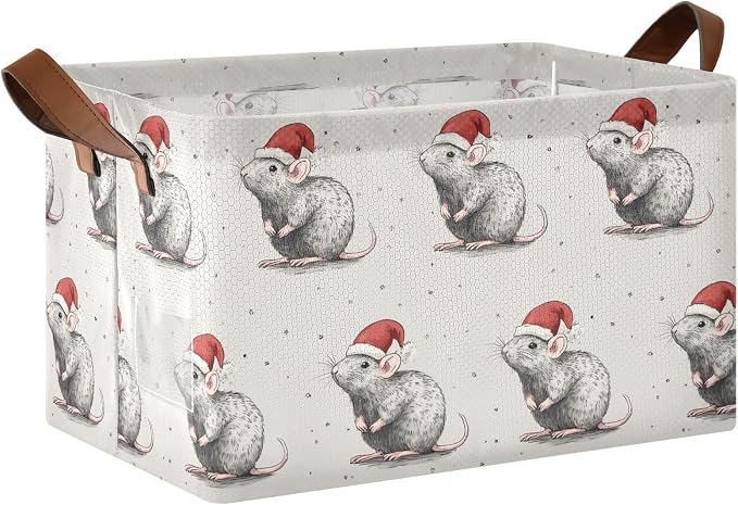 Christmas Cute Rat Pet Xmas Storage Basket Foldable Cube Storage Bins with Handles&Label Waterproof Collapsible Organizer Box Bin Large Rectangle Decorative Baskets for Shelves Home Room Laundry