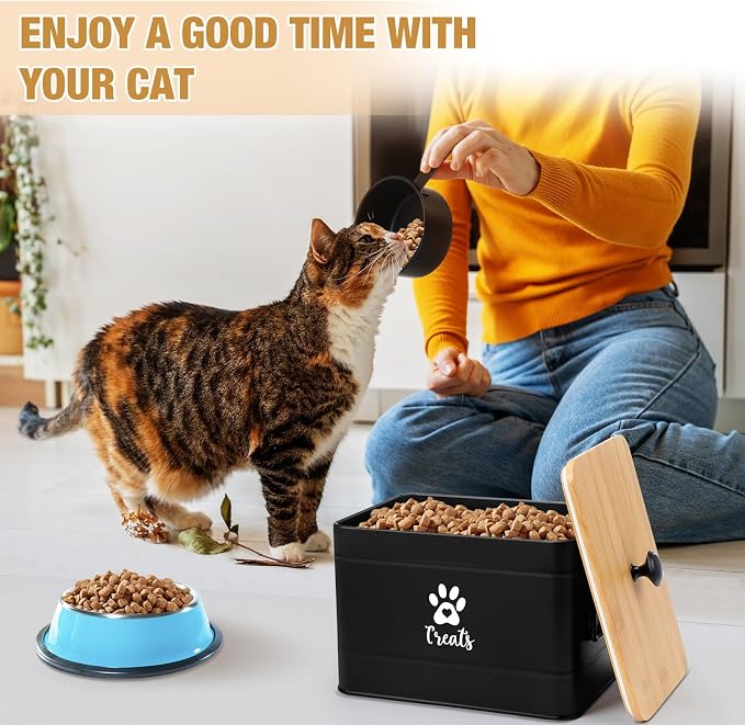 Reallnaive 2 Pcs Large Metal Cat Food Storage Containers 12+3.5 Lbs Decorative Pet Treat Snack Jars Airtight Bamboo Lids & Dry Food Scoop for Farmhouse Kitchen Counter Decor, Pet Owner Gifts(Black)