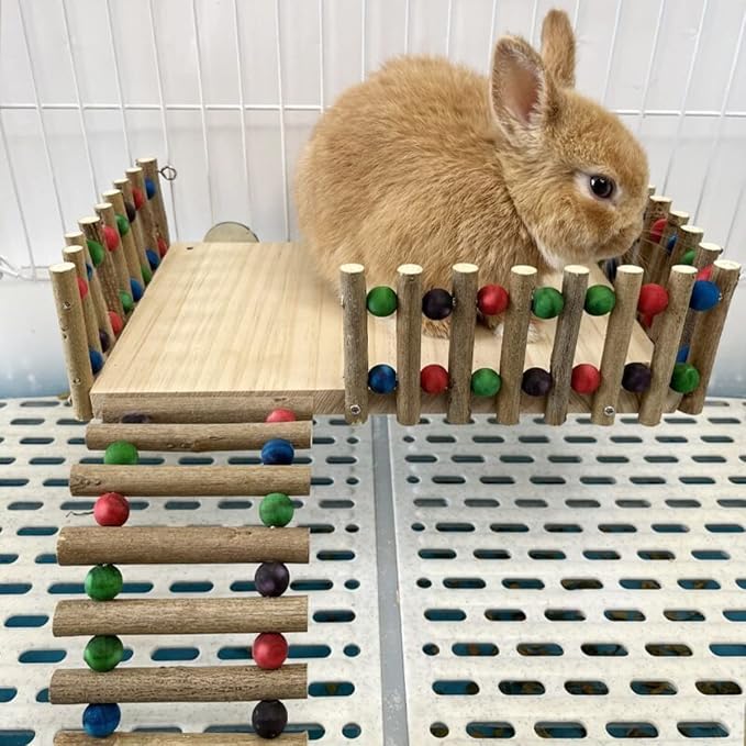 Rabbit Platform with Climbing Ladder, Bunny Perch Cage Toy Wooden Play Gym Stand, Natural Pine Wood Tray for Chinchilla Squirrel Hamster Guinea Pig, Birdcage Toy for Parrot Conure (Small)