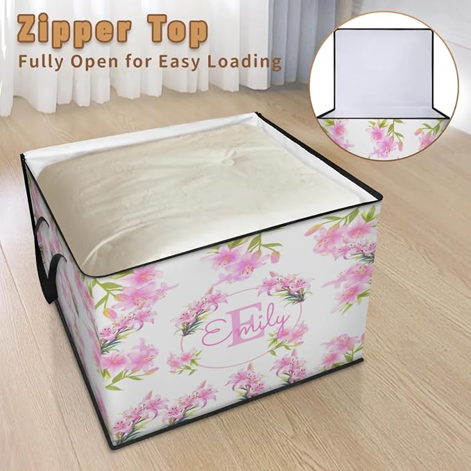 Personalized Extra Large Storage Basket with Lid, Comforters, Bedding Toys Storage Bin with Handles for Home, Collapsible Basket for Clothes, Moving, Car Trunk, Bright Violet Pink Lily Flower