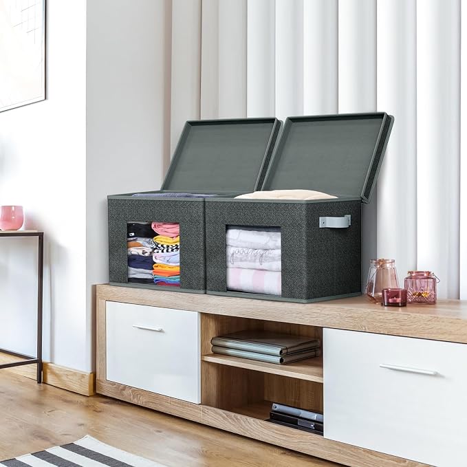 Univivi Fabric Storage Bins with Lids for Closet, 4 Pack, Black | Large Foldable Storage Boxes, Sturdy Collapsible Storage Bins with Clear Window, Storage Bins for Home, Closet, Shelves